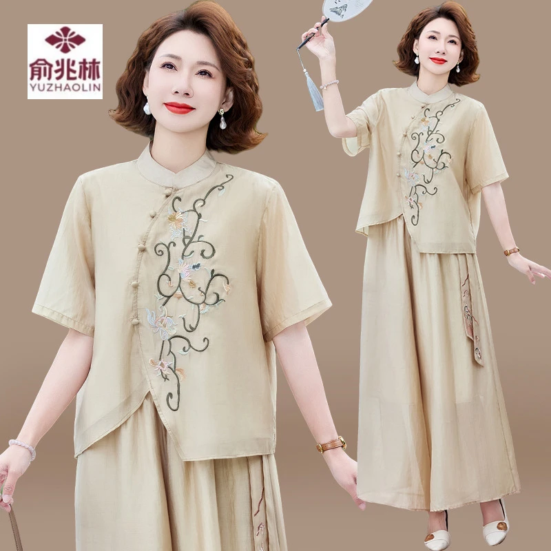 妈妈夏装套装洋气新中式2025新款中老年夏季短袖上衣裙裤两件套女
