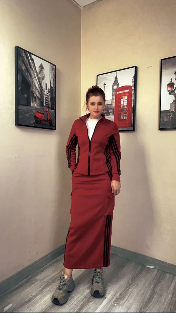 撞色显瘦大码女装女装上衣连衣裙春季长款气质少女风修身红色套装