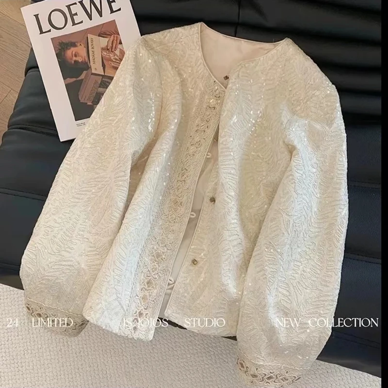 小香风春秋新款亮片洋气刺绣休闲轻奢高级感百搭外套混纺工艺上衣