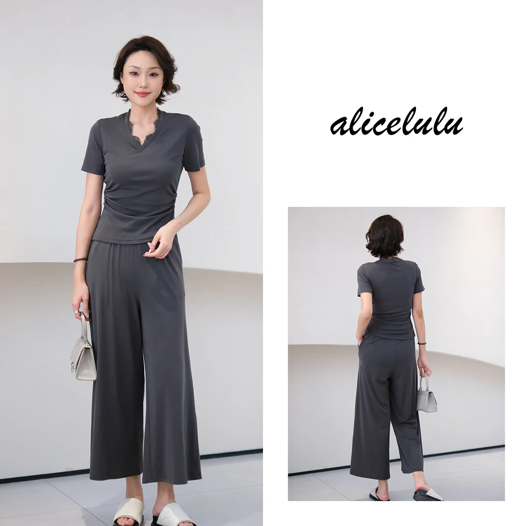5alicelulu蕾丝边V领慵懒休闲套装垂感亲肤舒适S2142656L