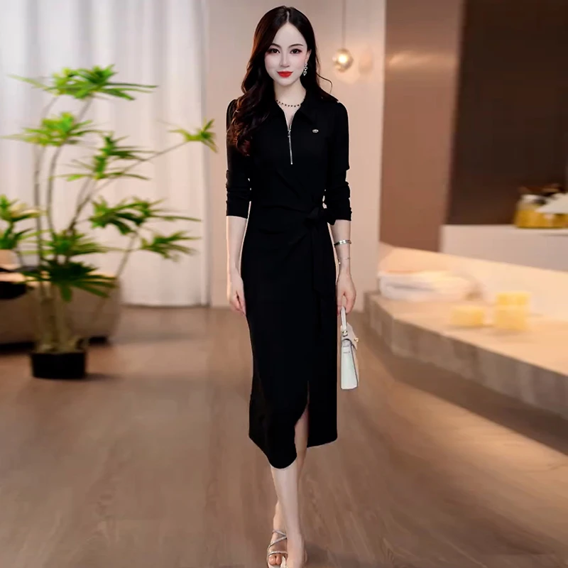 拉夏贝尔黑色连衣裙女秋季新款时尚半拉链中长款气质打底显瘦裙