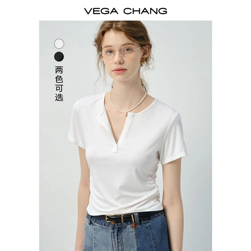 VEGA CHANG短袖T恤女2025新款夏通勤休闲抽褶V领正肩上衣0301LW