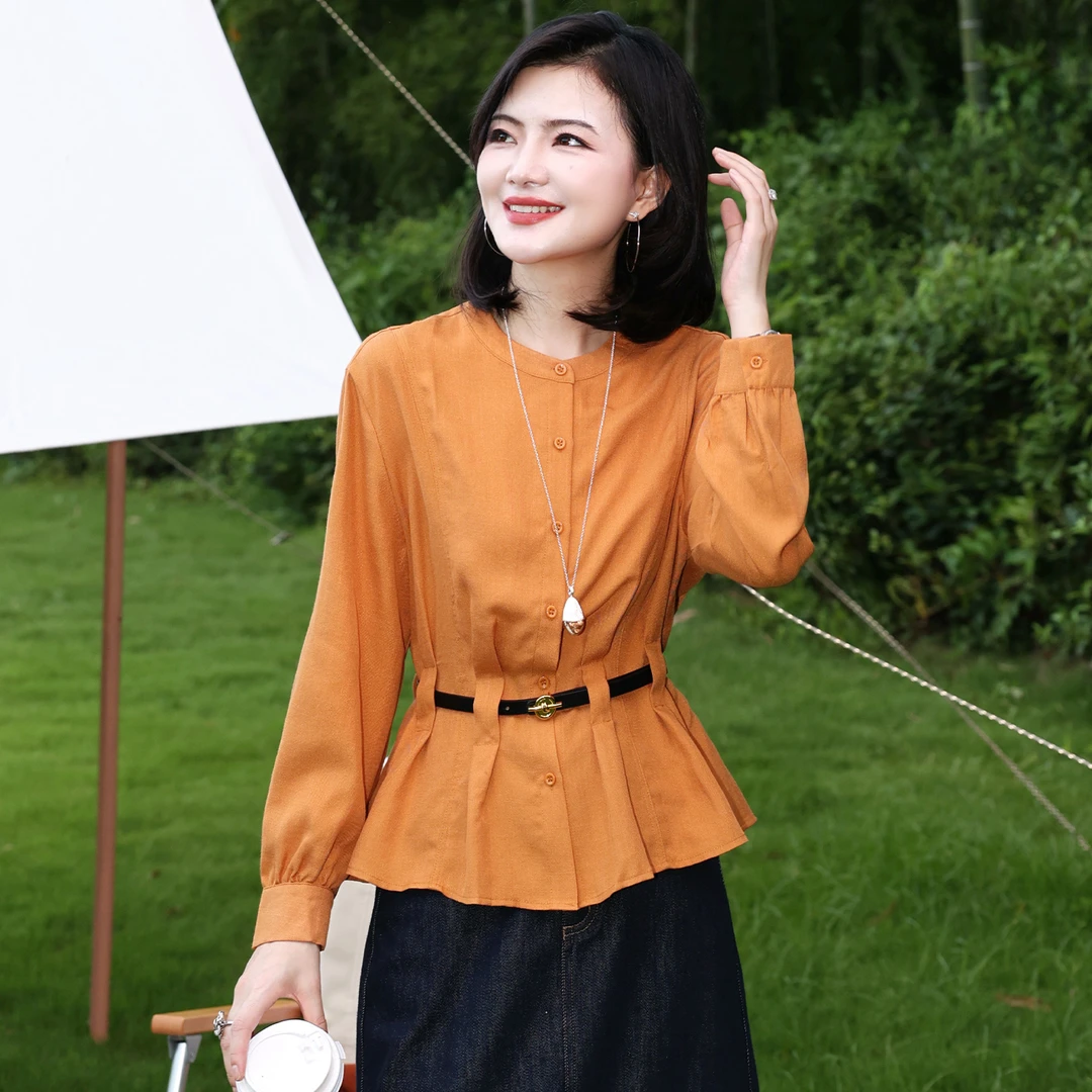 枫竺阿楠anan气质圆领收腰压褶长袖衬衫女秋出游穿搭休闲外穿上衣