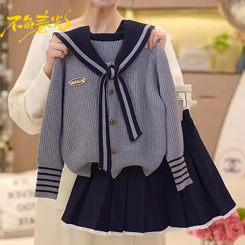 女童2025春秋季新款6-12岁15岁中大童海军翻领松紧腰百褶裙套装潮