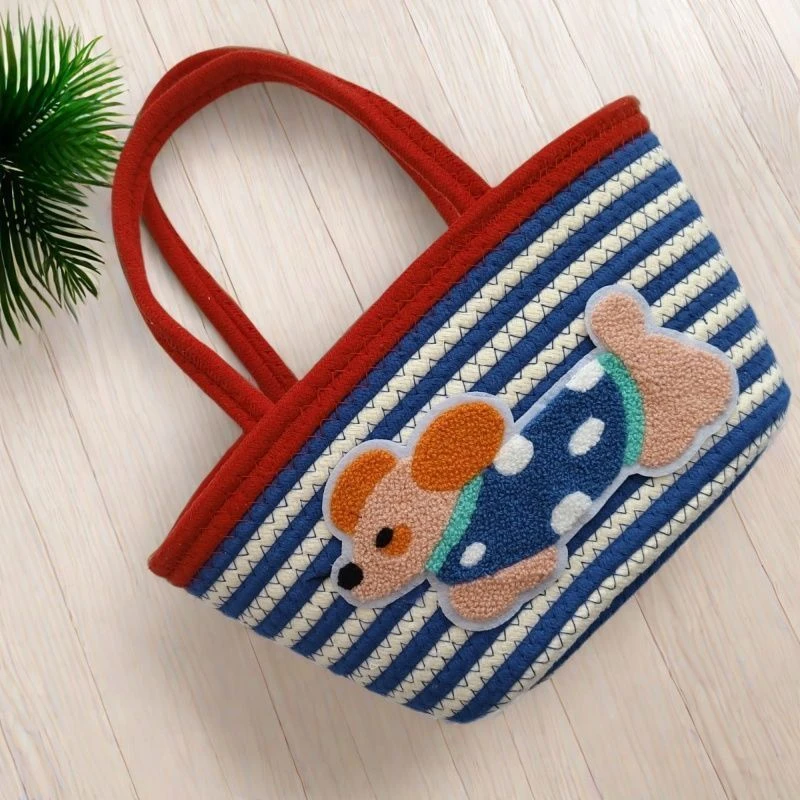 可爱腊肠狗手提包手提袋手拿包菜篮小布包爆款编织水桶包实用女