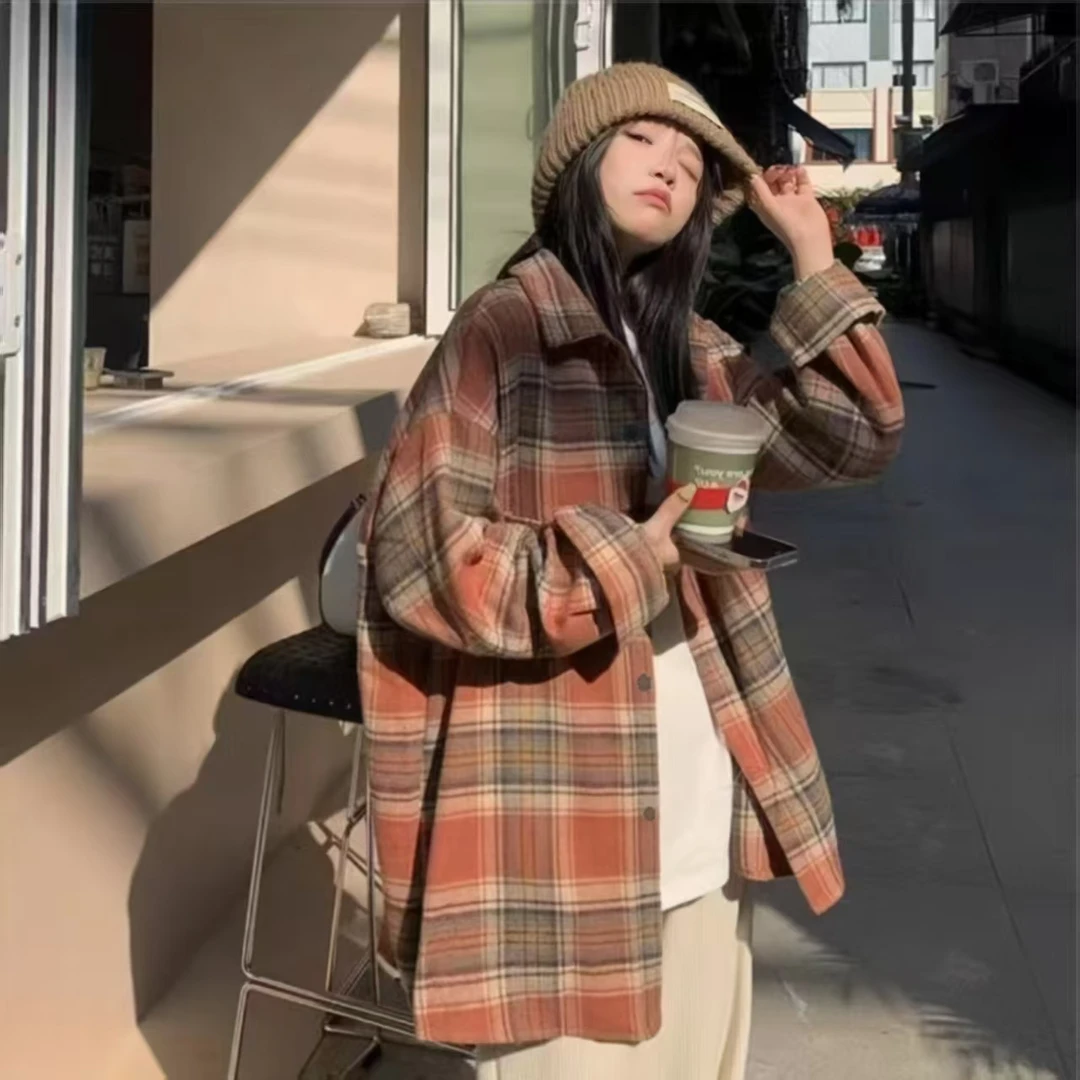 棉纺加厚磨毛格子外套衬衫春秋休闲长袖百搭复古宽松-001-3S