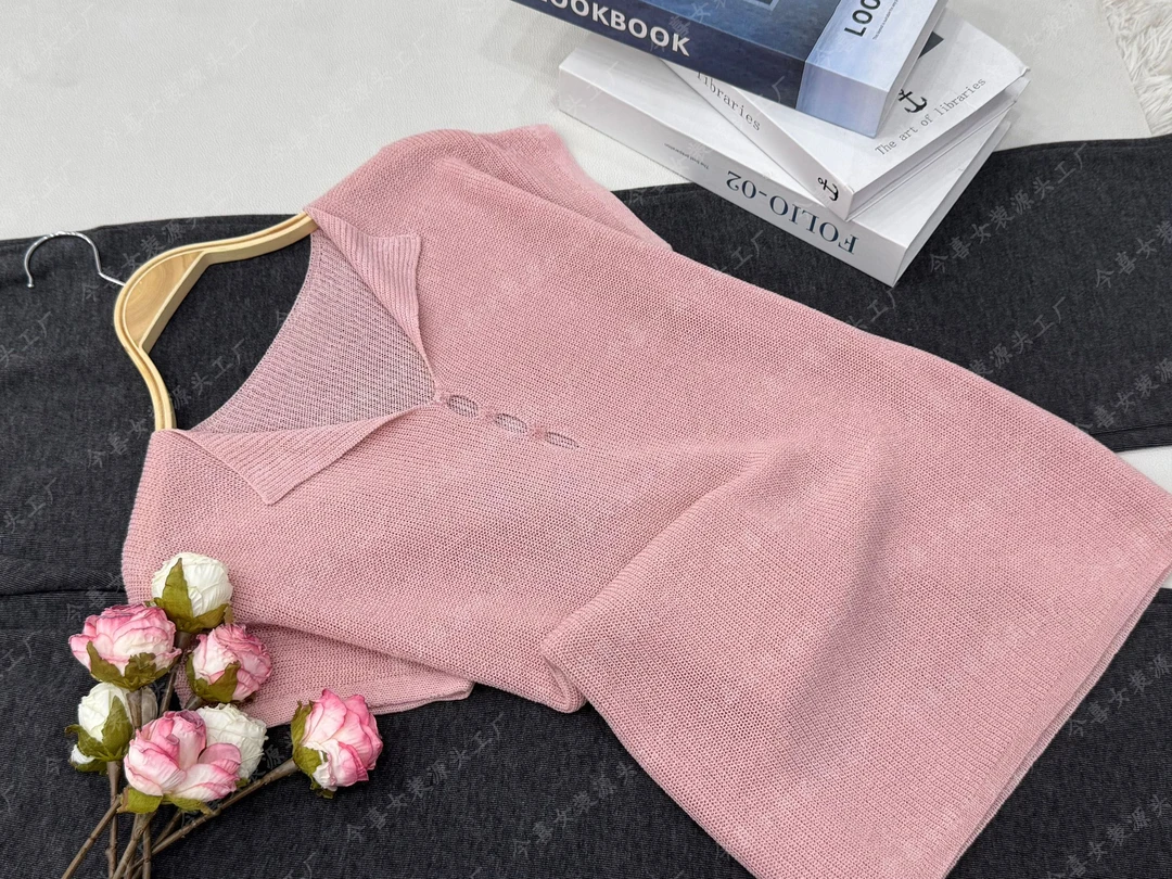 【粉色翻领镂空】新款百搭时尚宽松短袖上衣QC3156
