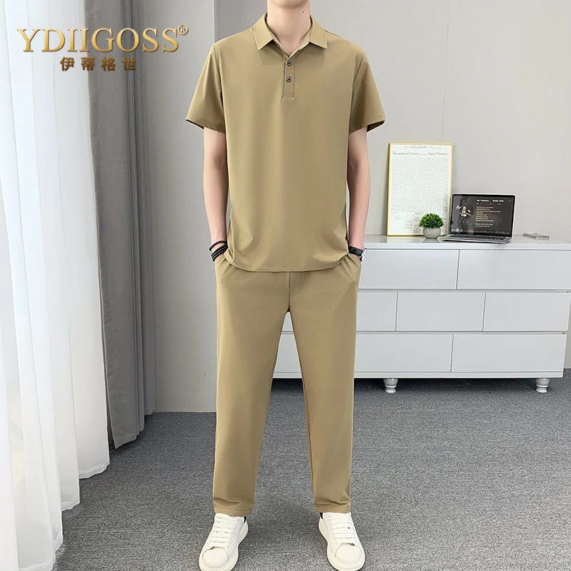 YDIIGOSS男士休闲运动套装夏季短袖t恤宽松长裤polo衫两件套