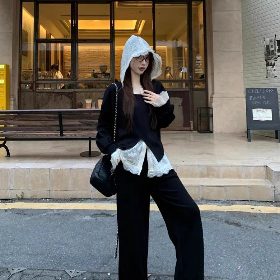 黑色开叉套头卫衣女春季穿搭套装连帽蕾丝马甲休闲阔腿长裤三件套