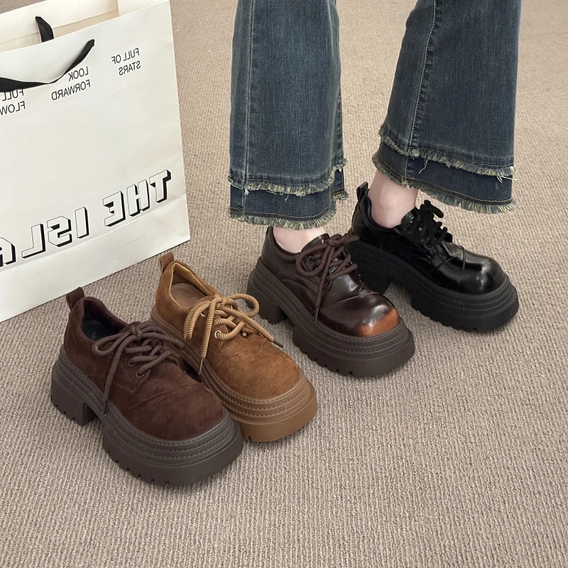 英伦风厚底乐福鞋女春秋新款复古百搭休闲增高圆头系带大头小皮鞋