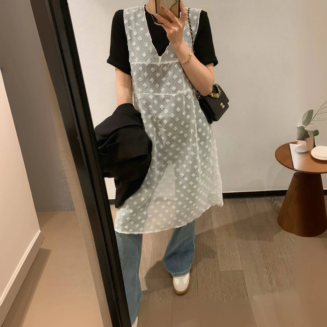 295立体花朵叠穿神器百搭时尚休闲小可爱背心裙宽松法式中长款