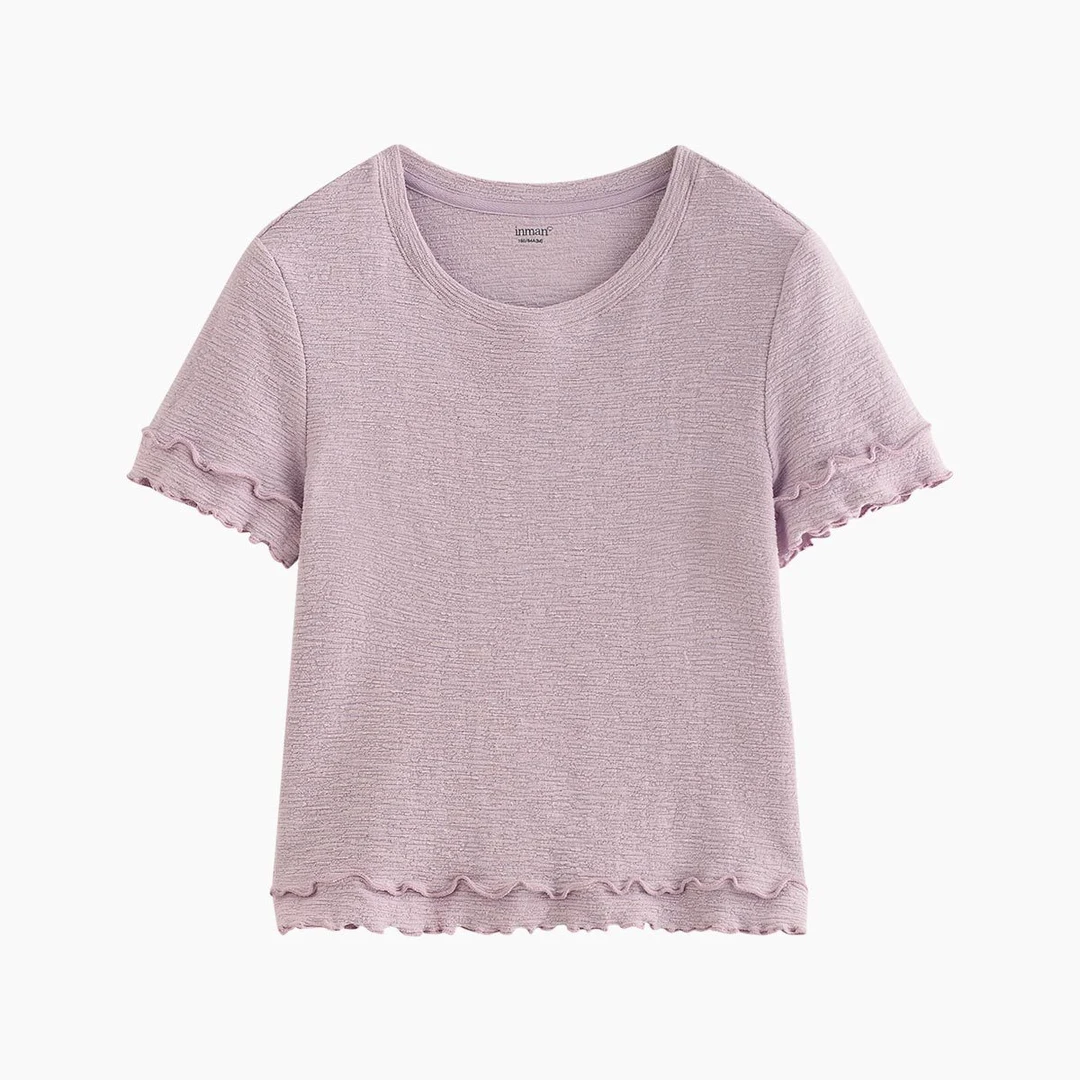 【618提前购】茵曼极简风木耳边短袖T恤25女夏修身显瘦舒适正肩上衣