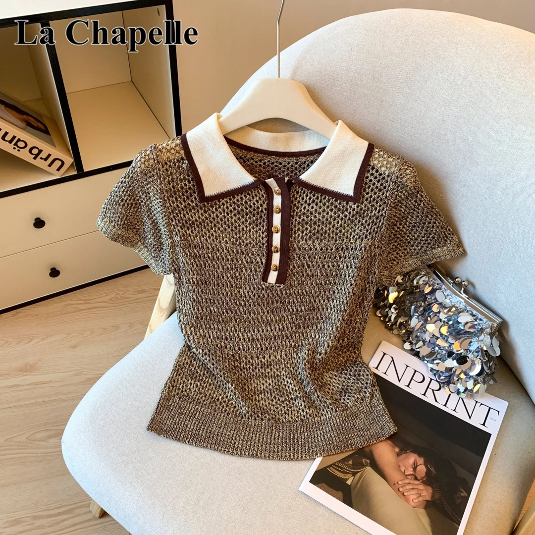 拉夏贝尔老钱风镂空别致针织短袖女秋季新款设计感小众polo领上衣