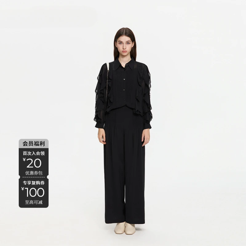 S·DEER圣迪奥女装文艺风飘逸立体剪花黑色长袖衬衫上衣S253Z0506