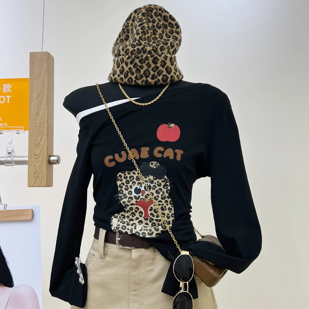 美式港味斜领露肩chic印花长袖t恤女甜酷辣妹修身锁骨打底衫上衣