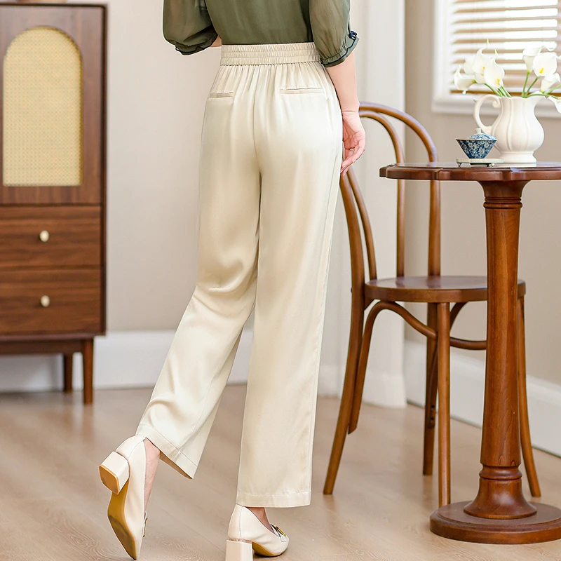 高端真丝休闲裤女2025新款高腰半松紧显瘦通勤桑蚕丝妈妈直筒裤子