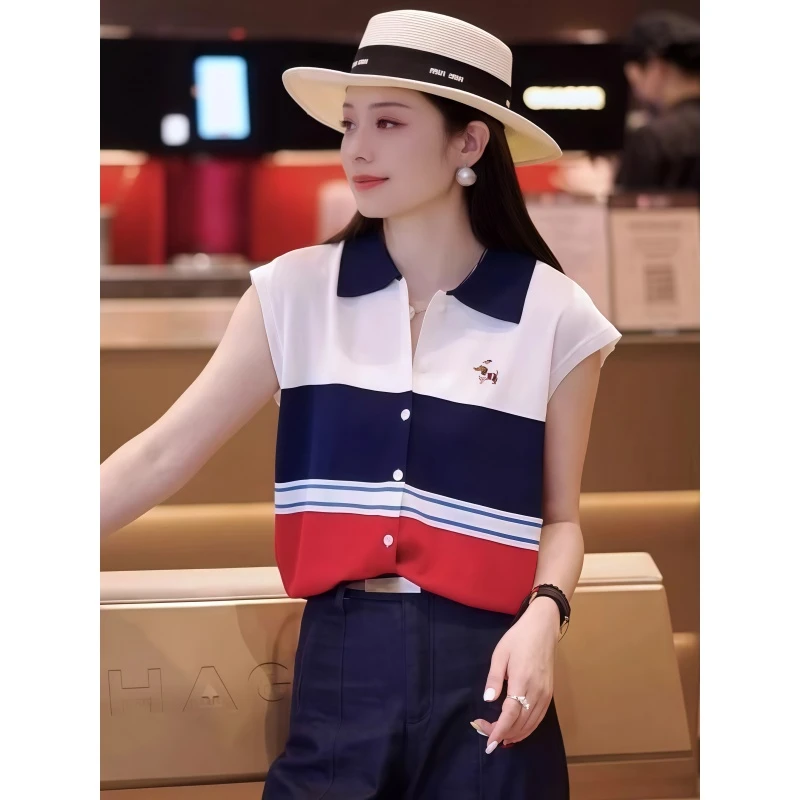 POLO领撞色条纹飞飞袖短款针织衫女夏季新款宽松显瘦百搭洋气上衣