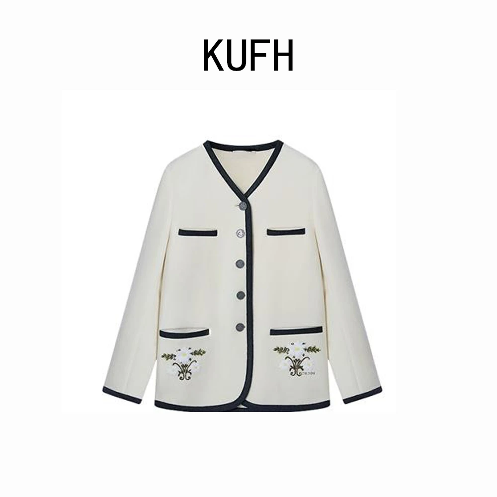 KUFH【绣影白韵】25年秋新款女士通勤撞色边复古刺绣装饰绵羊毛外套