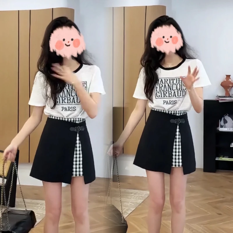 夏季薄款竹节麻针织短袖字母上衣+高腰短款显瘦假两件裙裤两件套