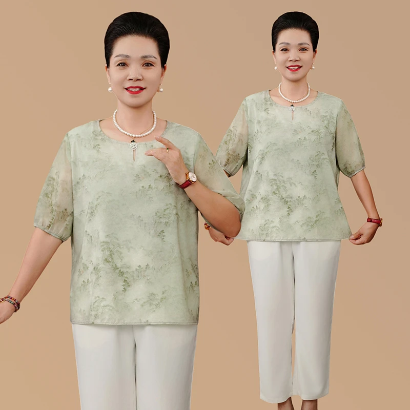 夏季新中式气质圆领印花五分袖T恤中老年女装妈妈装薄款国风上衣