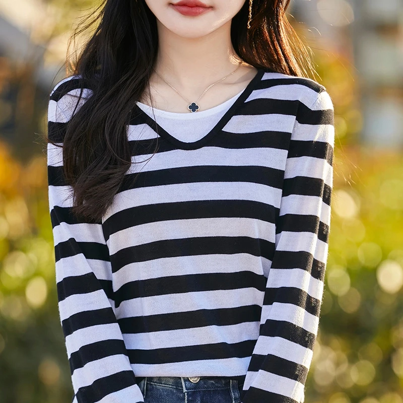 假两件V领长袖春秋时尚春秋季上衣显瘦百搭打底衫针织衫宽松套头