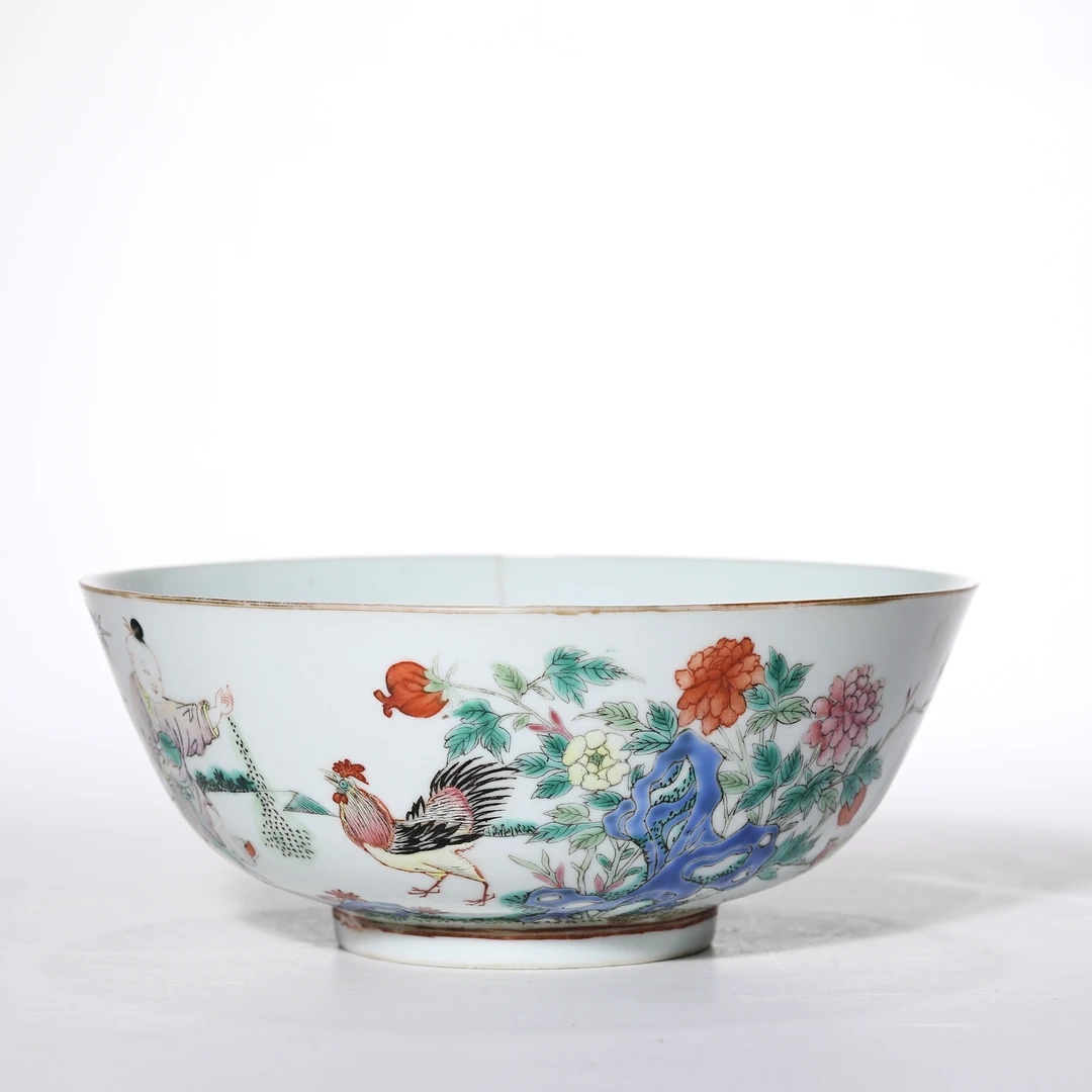 2461清晚期·粉彩贾昌斗鸡诗纹碗【古董拍卖】