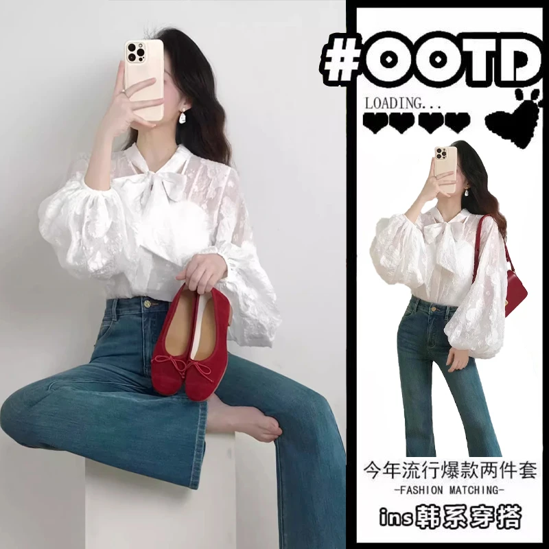 开春2025超火套装减龄通勤气质高级感蕾丝蝴蝶结衬衫牛仔裤两件套