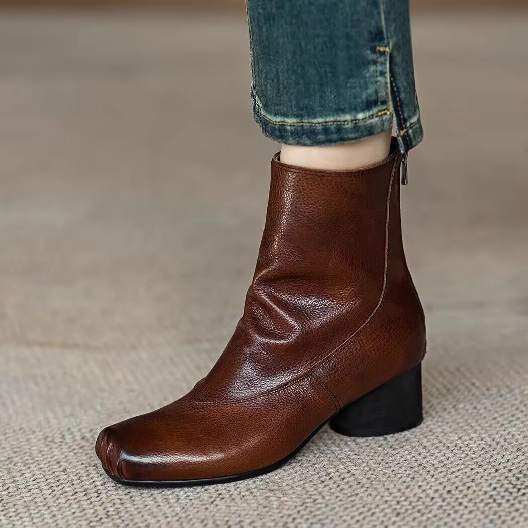 断码清仓处理/头层牛皮短靴真皮粗跟女靴448