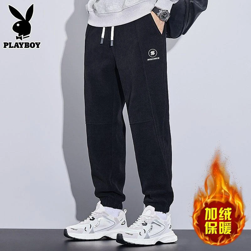花花公子灯芯绒休闲裤男士九分潮流卫裤运动加绒长裤子男款秋冬季