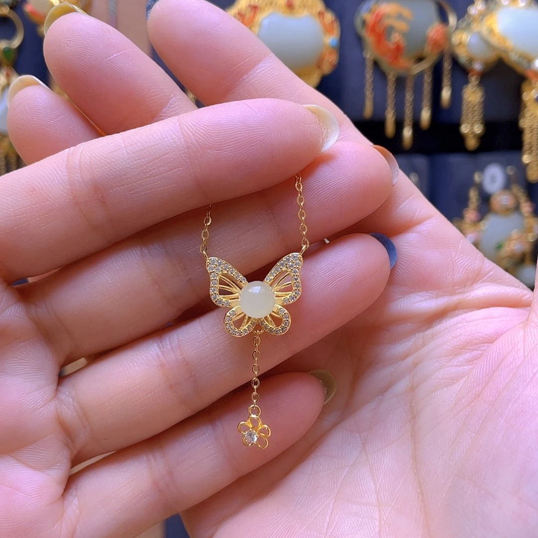 和田玉银S925镀金镶嵌颈饰