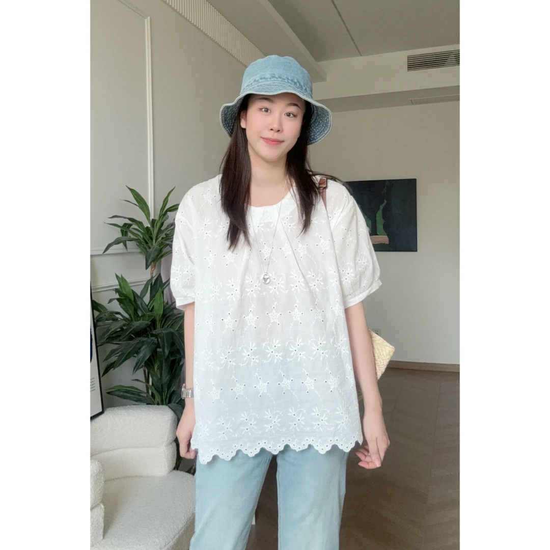 美亚恩NANA【云朵】100%棉法式镂空高级感娃娃衫短袖C0326