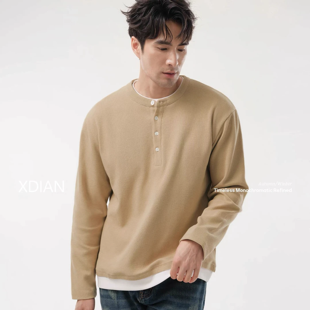 续点微循环蓄热假两件亨利领长袖t恤自发热科技华夫格秋冬上衣男