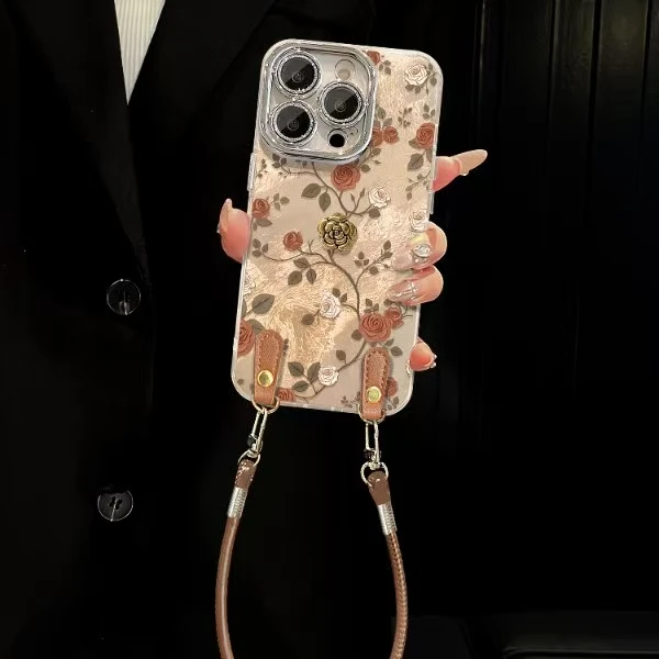 咖色玫瑰适用苹果15华为vivo/oppo小米iPhone精孔冰川纹手机壳
