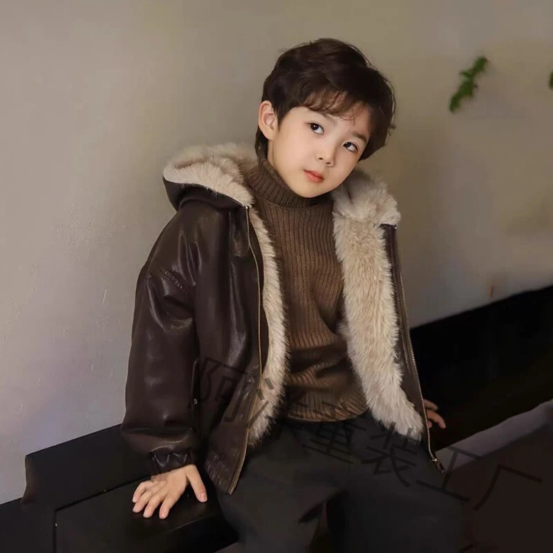 男童加绒加厚皮衣外套2025新款儿童冬季韩版PU皮两面穿复古夹克潮