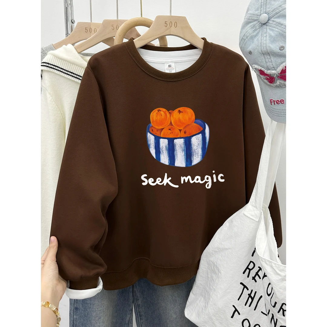 时尚洋气正肩圆领卫衣女冬季加绒加厚胖MM宽松大码慵懒风套头上衣