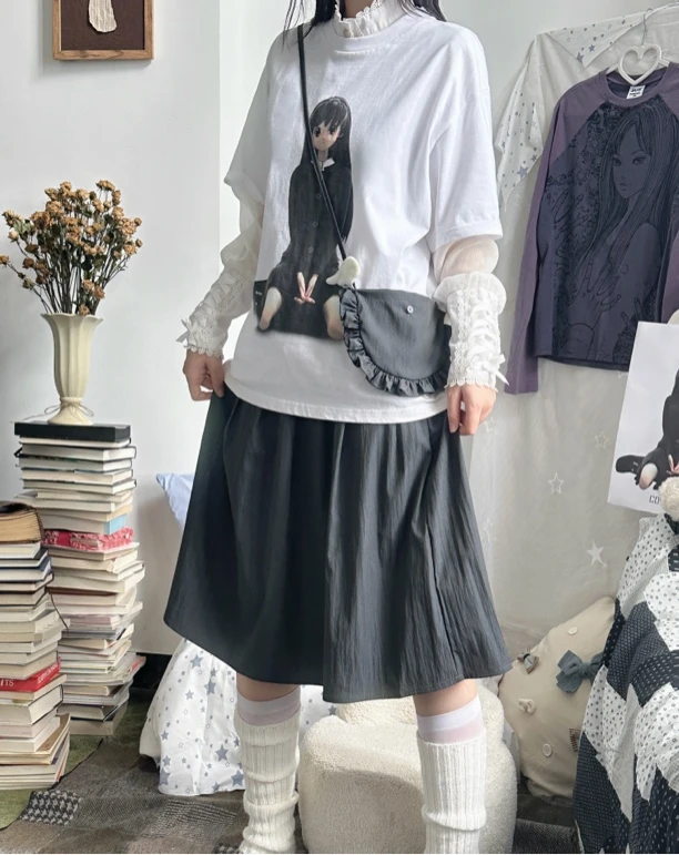韩国东大门复古韩系ins风纯色休闲薄款百褶裙半身裙配花边带小包