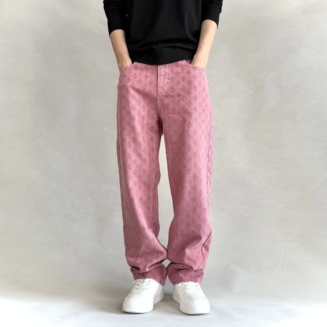 【宽松直筒】无弹潮牌小众设计款牛仔裤男生美式高街痞帅休闲提花粉