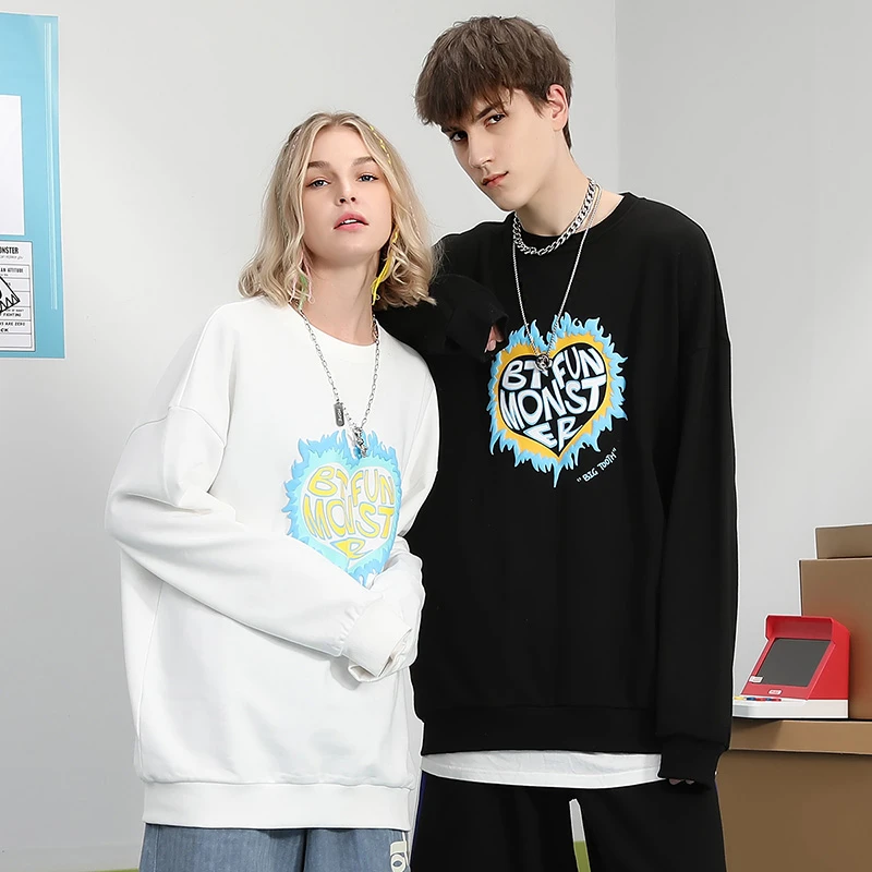 卫衣【火焰发泡】白色男秋季新款爱心印花纯棉大码宽松