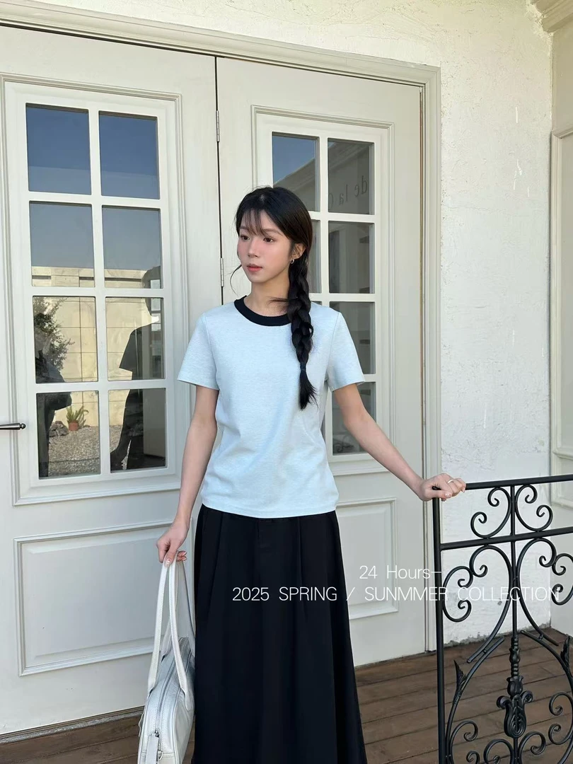 3663号#25025#春夏撞色针织领拼接设计圆领短袖TD4-22