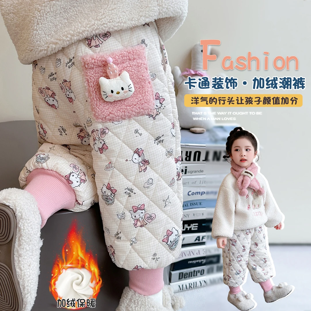 女童加绒加棉冬装儿童加厚棉裤2025款宝宝洋气卡通保暖裤子外穿
