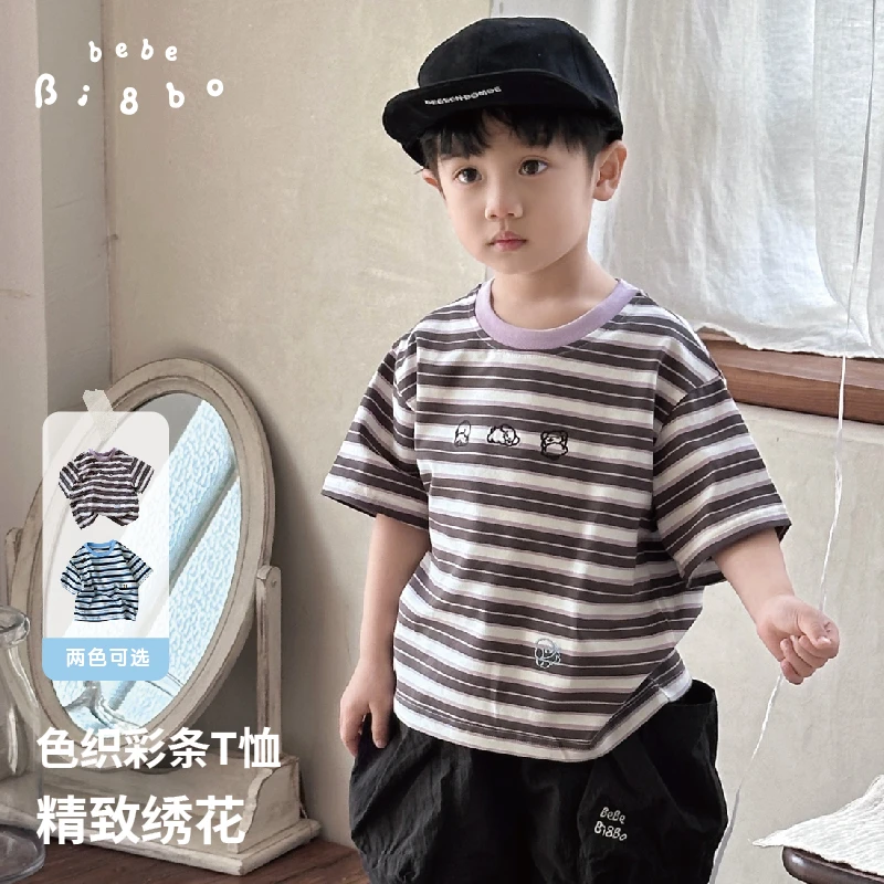 bebebi8bo2025夏季新款男童韩版条纹绣花T恤短袖 31290