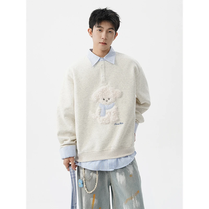 春秋情侣拼接刺绣ins假两件套头卫衣男士百搭潮流可爱小狗POLO领