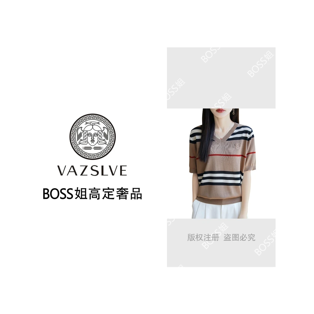 VAZSLVE/原创设计夏季V领莱赛尔天丝撞色条纹短袖T恤薄款针织上衣