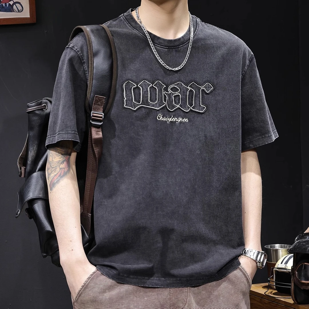 新款日系潮牌贴布毛边刺绣短袖t恤男2025夏高端大码衣服半袖体恤