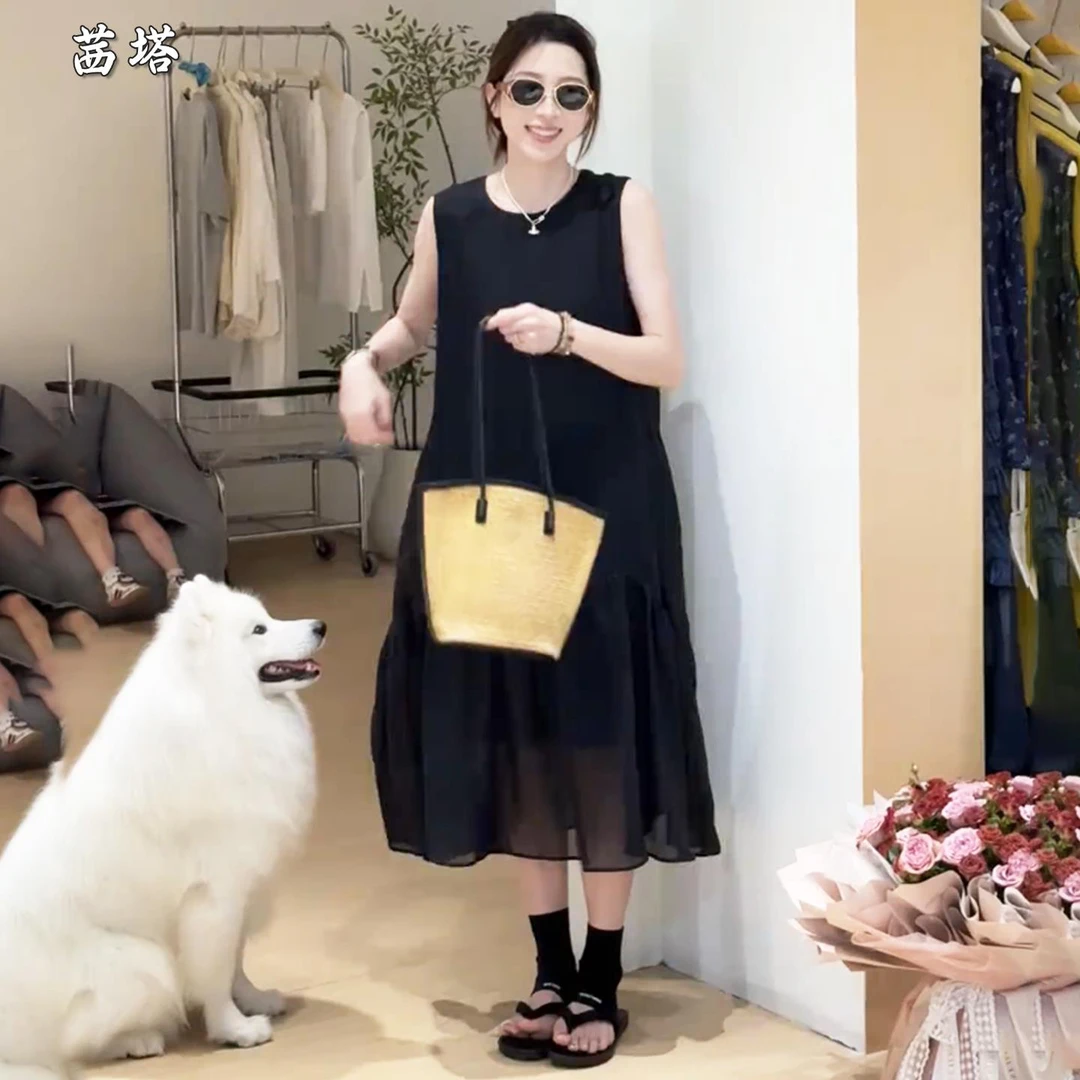 法式黑色无袖连衣裙女夏季2025新款今年流行爆款巨好看背心长裙子