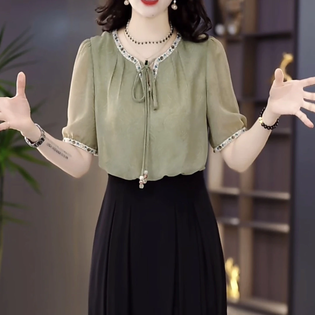 高级轻羽丝假两件优雅礼服裙2025夏季新款收腰显瘦拼接气质连衣裙