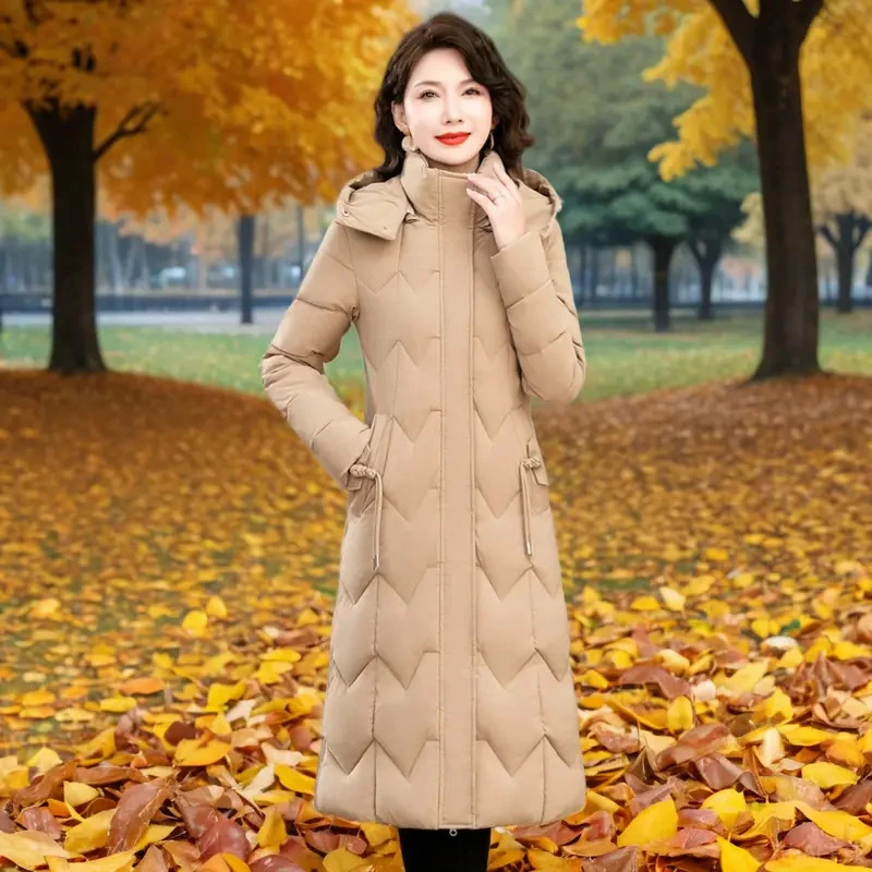 中老年棉服女过膝长款妈妈装加厚棉衣女长款大码修身遮肚子棉袄