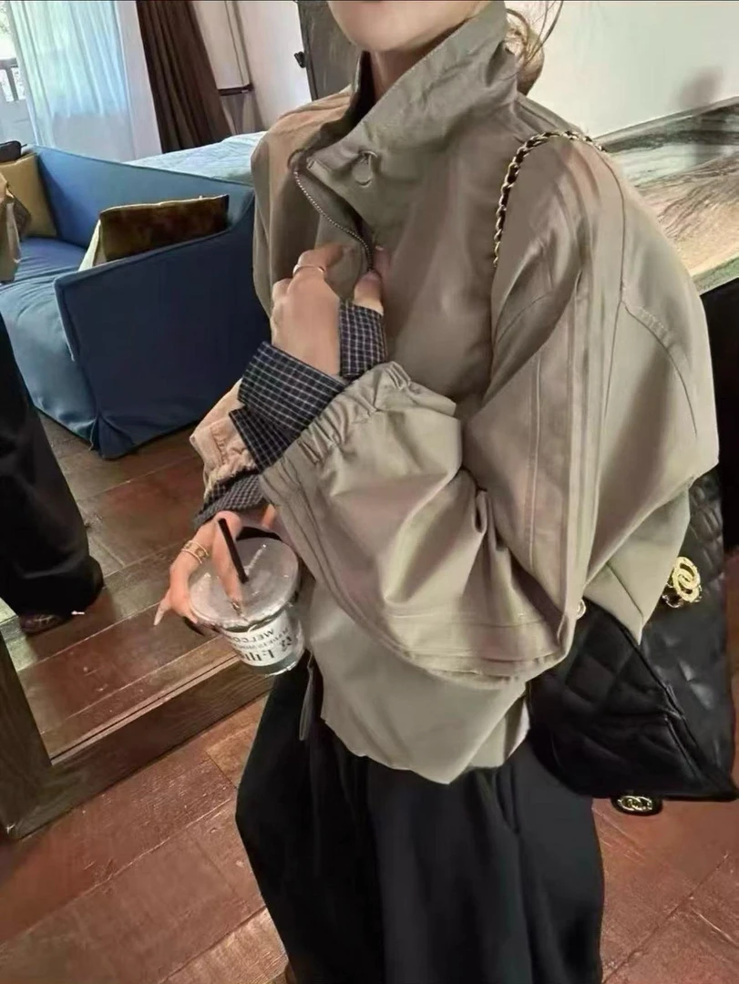 休闲风常规款落肩袖女立领短外套上衣秋季春秋长袖