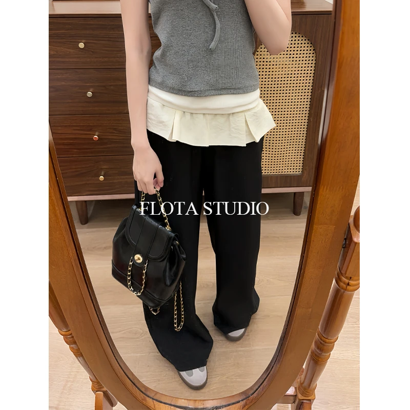 【flota】褶边拼接设计直筒休闲长裤新款显瘦高腰拖地裤新款0095