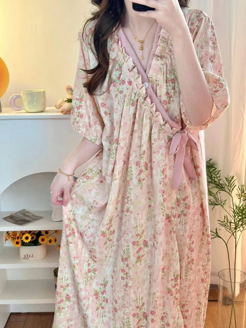 复古风睡裙女优雅甜美夏季薄款法式碎花睡衣显瘦休闲家居服可外穿